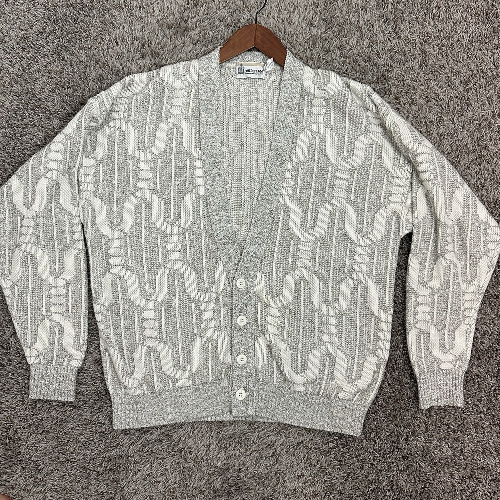 London Fog Vtg 90s Cardigan Sweater Men's XL Gray Geometric Knit Grandpa Button
